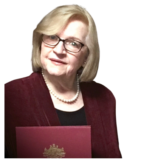 Jennifer Cram Brisbane Marriage Celebrant
holding the Marriage Register with the Ausgtralian
Coat of Arms embossed in gold visible
